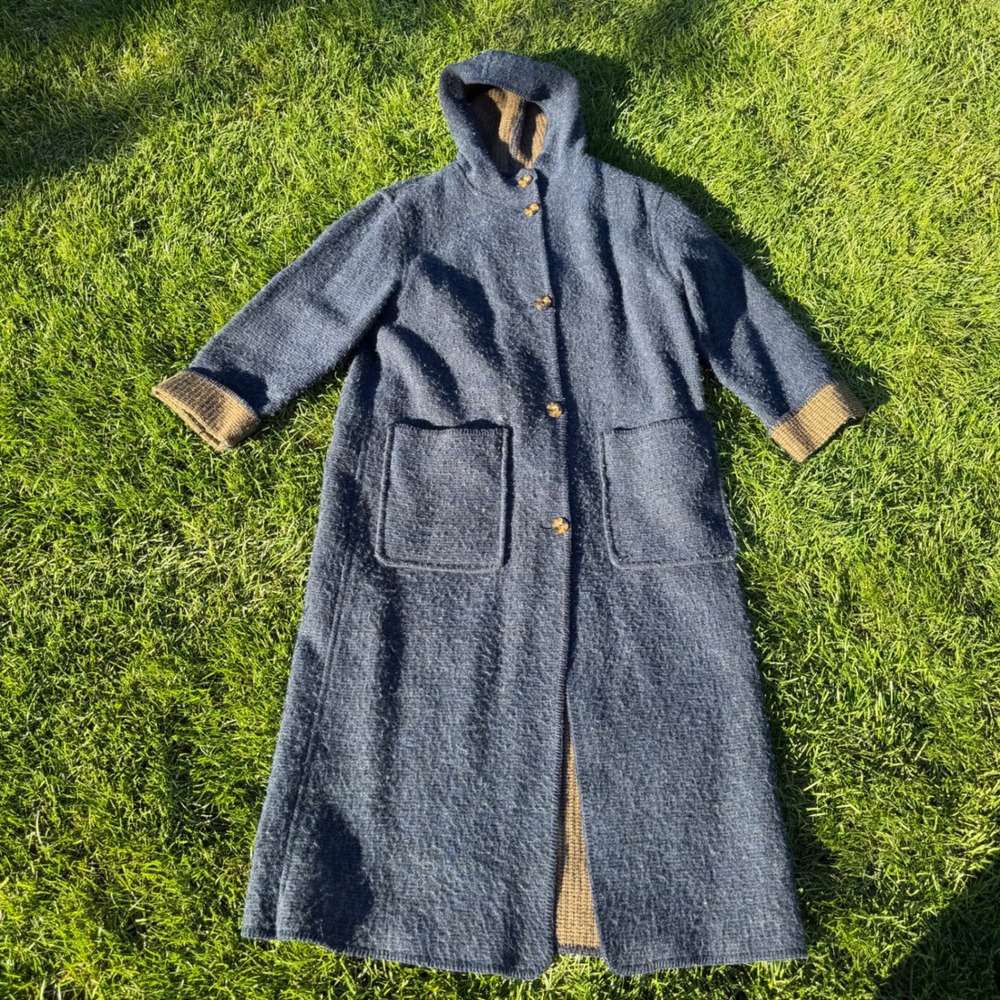 Vintage Hooded Boiled Wool Duster Coat Navy Blue Longline Knit Lined Jacket